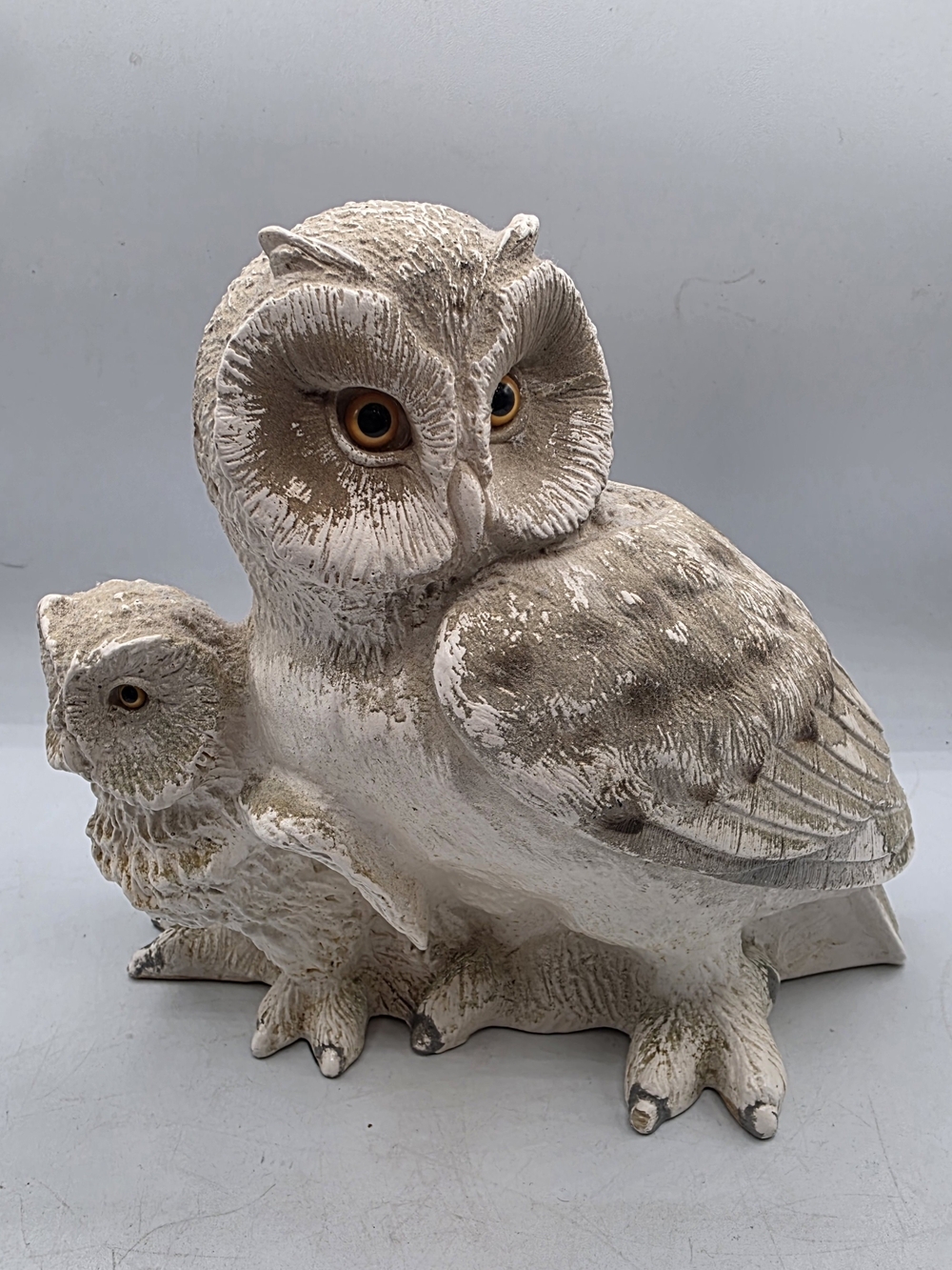 Vintage 1970's era Barn Owl Mother Baby Resin Sculpture Statue Beautiful Eyes